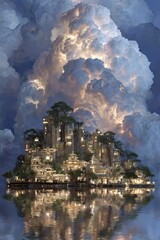 Island City with Illuminated Clouds and Reflective Water: Ethereal Architecture and Tranquil Beauty in a Surreal Environment