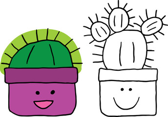 two cute cacti in flower pot with smiling happy face, color and black and white drawing, drawn with black curved lines