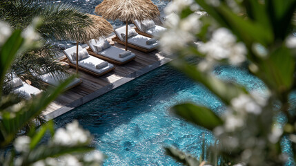 Modern resort pool with wooden deck, sunbeds, and straw umbrellas, tropical greenery framing the scene, aerial perspective highlighting travel and vacation vibes