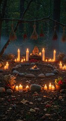 Autumn equinox altar with corn dollies wheat sheaves seasonal fruit crystals burning sage