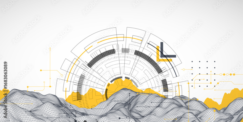 Poster abstract data background with wireframe wave and circuit lines. technology concept. vector