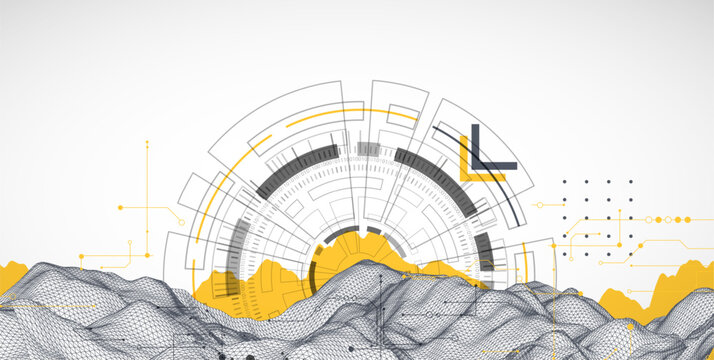 Abstract data background with wireframe wave and circuit lines. Technology concept. Vector
