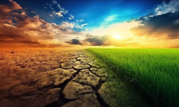 Climate Change Concept: Divided Landscape of Lush Green Grass and Dry Cracked Earth