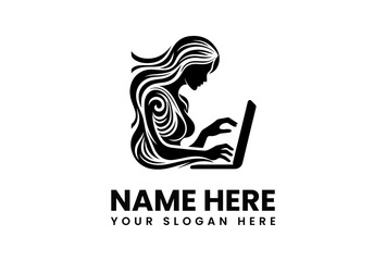 Stylized Silhouette of Woman with Flowing Hair Using Laptop.