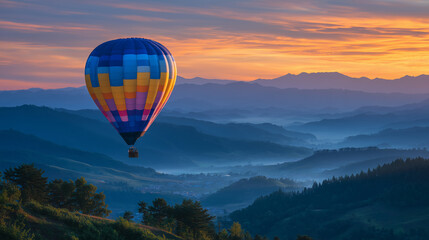 Obraz premium Hot air balloon silhouetted over misty mountains at sunset, soft glowing light on peaks and valleys, conveying adventure, freedom, and leisure travel