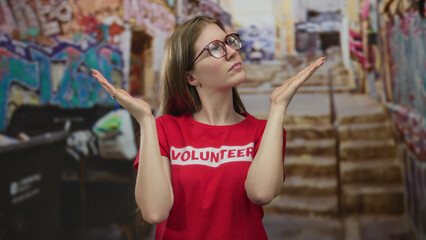 Woman shows shrug gesture with hands palms up on street with graffiti walls; uncertainty doubt...