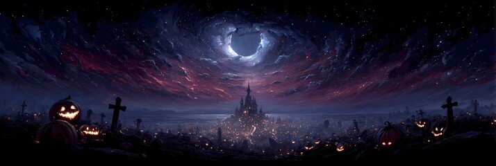 Moonlit Haunted Castle Amid Ominous Sky: Enchanted Night in Spooky Atmosphere with Jack-o'-Lanterns and Creepy Tombstones