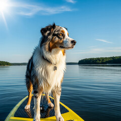 An australian shepherd dog enjoys a sunny day on a paddleboard on a calm lake with a bright blue sky