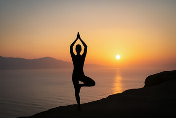 Silhouette of a woman in yoga tree pose on a coastal cliff with the sun rising over the calm sea, promoting inner peace and mental focus.