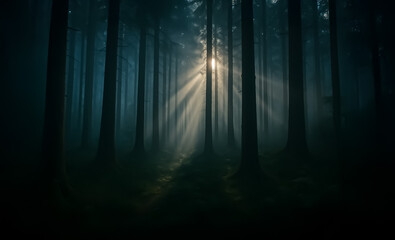 Moody morning mist filters soft light through dense tall trees in a quiet forest, creating a mysterious and serene woodland atmosphere.
