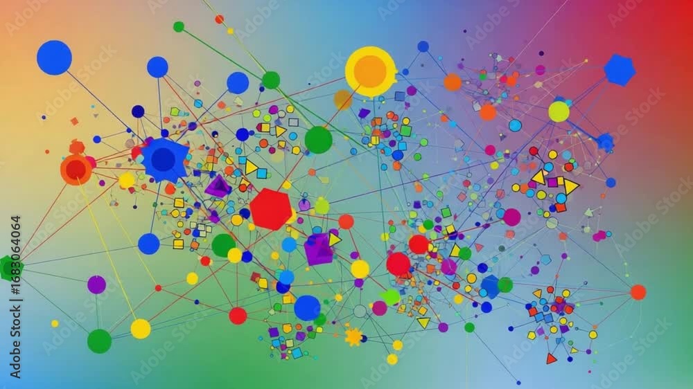 Poster network of colorful shapes connecting with lines animation