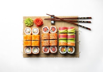 Artistic Sushi Platter Arrangement with Chopsticks on Bamboo Mat