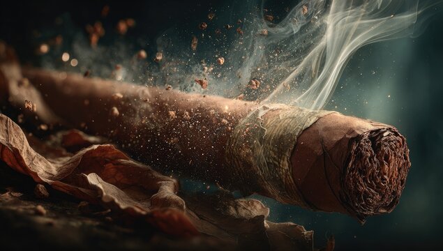 Burning cigar, smoke, and debris