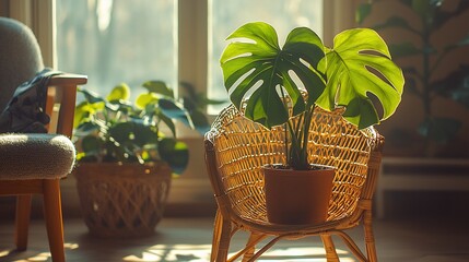Fototapeta premium A potted plant sits on a wicker chair in a sunlit room