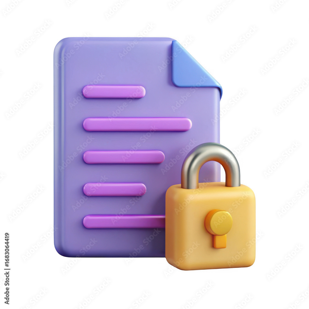 Poster 3d document security icon with padlock isolated on transparent background