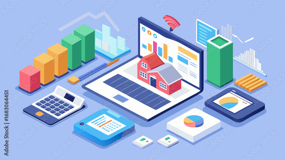 Poster a laptop is on a table with a calculator, a keyboard, and a mouse. the laptop is open to a graph, an