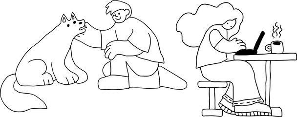people leisure time, young man petting dog, woman sitting at table working on laptop, corporate memphis style, drawn in grunge style with black curved lines