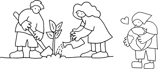 care for environment, young woman standing and holding globe in hands, young people growing tree, corporate memphis style, drawn in grunge style with black curved lines