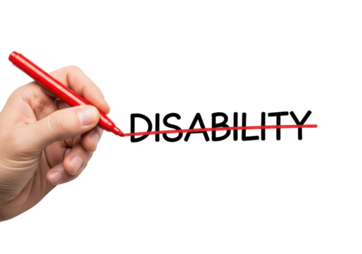 Caucasian hand with red marker crossing 'DIS' in 'DISABILITY' on a transparent background with copy space, perfectly lit macro shot, powerful concept of transformation