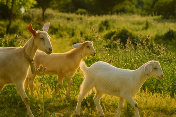 Obraz premium Three Goats Grazing in Lush Green Meadow Peaceful Nature and Agriculture Rural Landscape