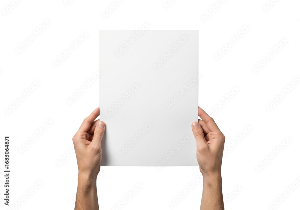 Poster two clean hands gently and precisely hold a subtly textured blank a4 paper sheet, presented flat lay