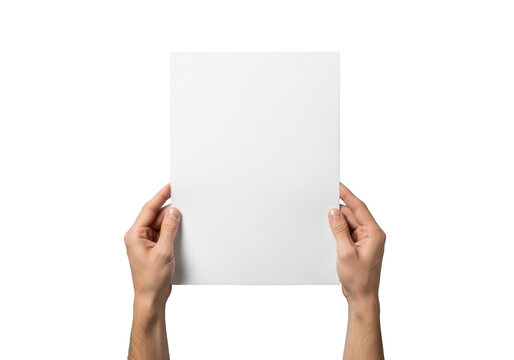 Two clean hands gently and precisely hold a subtly textured blank A4 paper sheet, presented flat lay on a clean transparent background with soft shadows, ample copy space, blank canvas concept