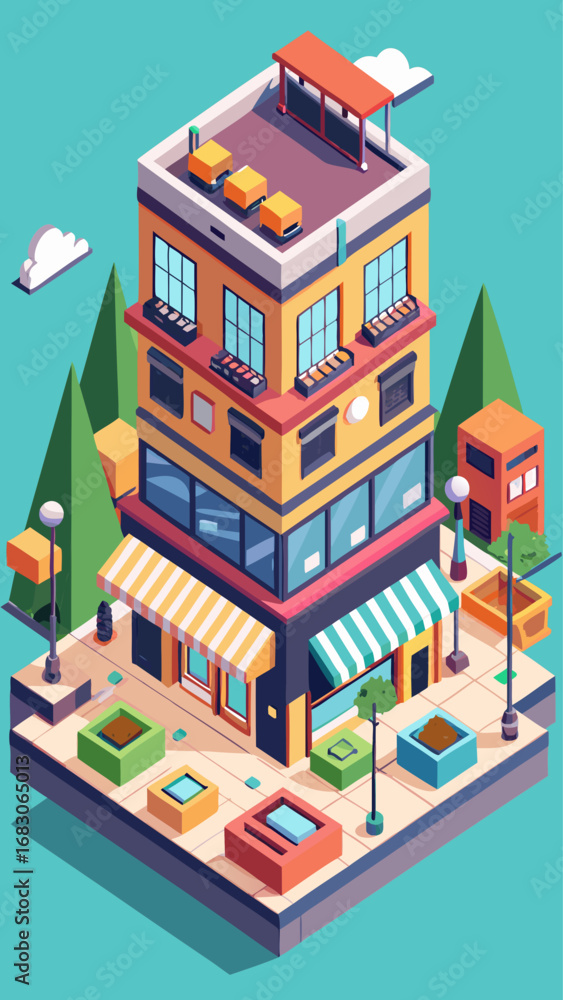 Poster a tall building with a large store front and awning. the building is surrounded by trees and has a s
