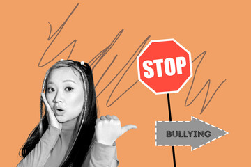 Artwork sketch banner full 3d collage of worried girl point road sign stop bullying tension hate...