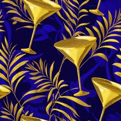 Gold Martini Glasses and Leaves Pattern on Vibrant Blue Background.
