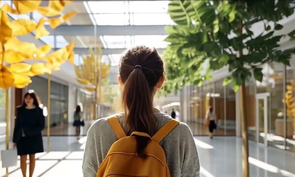 Young Woman with Backpack Walks Through Modern University Campus Hallway Bright Interior with Decorative Greenery and Yellow Leaves