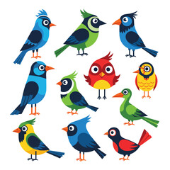 A vibrant collection of cute colorful and stylized cartoon birds in various designs.