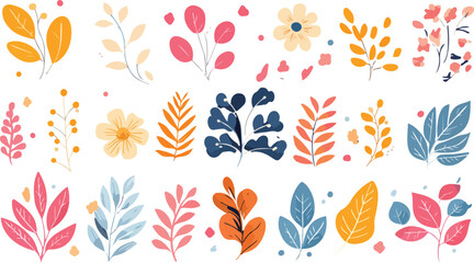 Collection of vibrant abstract botanical illustrations featuring diverse leaf shapes and floral elements