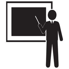 Male teacher in formal suit pointing at a blank board with a pointer stick representing education presentation and classroom instruction in a minimalist black and white design
