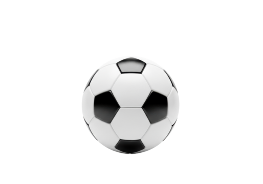 A classic, pristine black and white soccer ball, new with detailed hexagonal and pentagonal panels, perfectly centered on a seamless transparent studio background with copy space, iconic minimalist