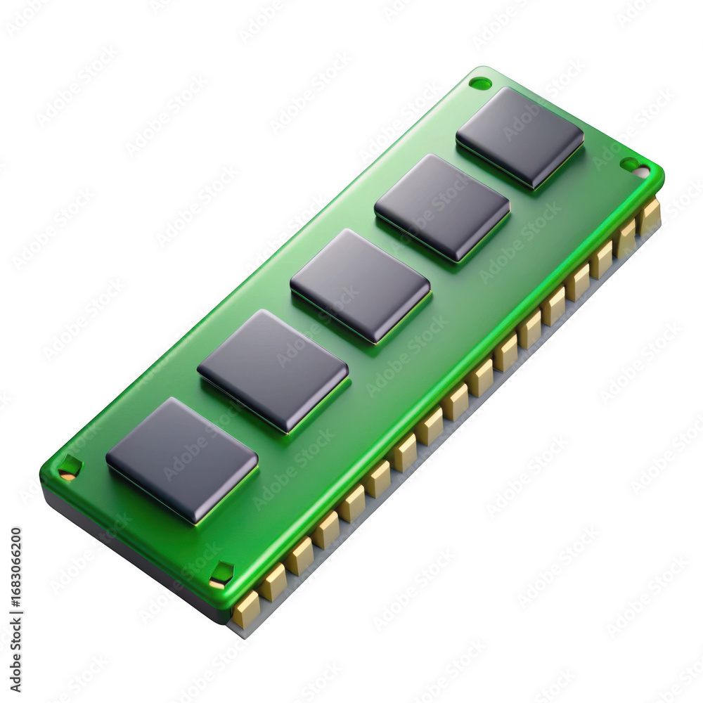 Poster 3d ram module with green pcb isolated on transparent background