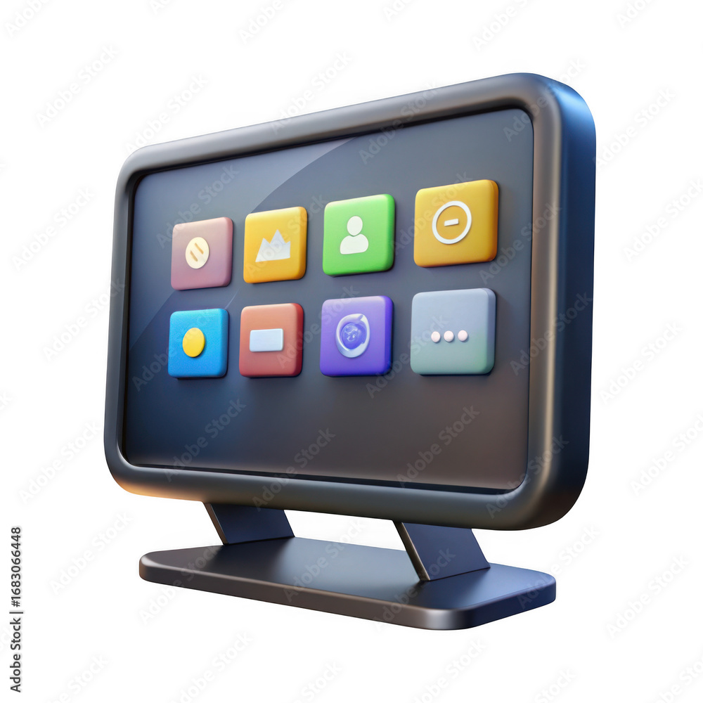 Aufkleber 3d modern monitor with colorful app icons isolated on transparent background