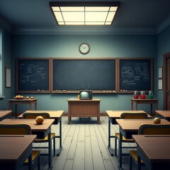 Empty Classroom with Chalkboards and Vintage Television, Ready for Education and Learning