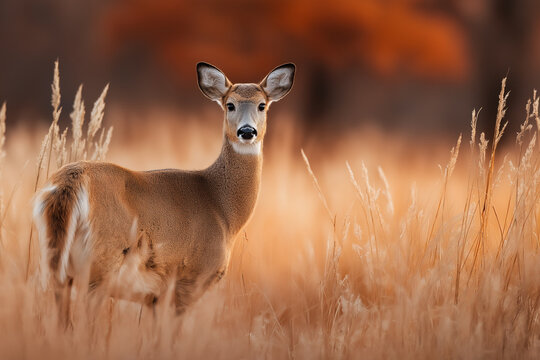 A white-tailed deer in the summer grassland, photorealistic,