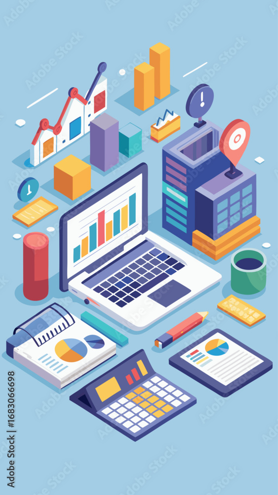 Poster a colorful image of a laptop with a keyboard and a cell phone on a purple background. the laptop is 