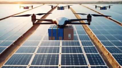 Delivery drones carrying packages flying above large solar panel field during bright sunlight showcasing renewable energy and logistics - Powered by Adobe