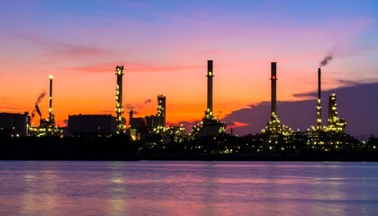 Industrial complex at sunset over water
