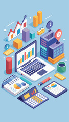 A colorful image of a laptop with a keyboard and a cell phone on a purple background. The laptop is surrounded by various items such as a calculator, a pen, and a ruler