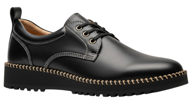 A single black leather women's lace-up shoe with a thick platform sole and detailed stitching.