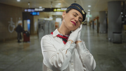 Woman flight attendant rests hand on cheek for sleep gesture in airport terminal; fatigue and...