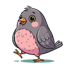 Cute cartoon illustration of a chubby grey and pink bird walking with rosy cheeks.