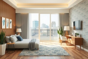 Modern city view bedroom