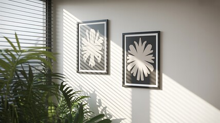 Contemporary Interior with Floral Art Prints Plants and Sunlight Creating Shadows a Serene and Stylish Home Ambiance