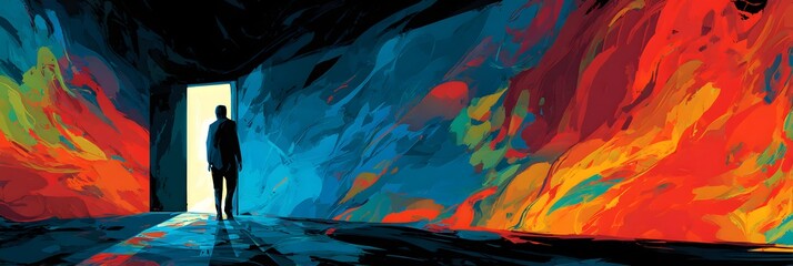 Abstract Art Silhouette Figure with Colorful Explosion - A Doorway to Possibility and Emotional Expression in Vivid Hues