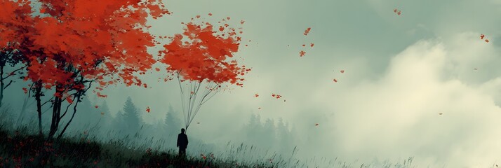 Autumn Serenity: A Solitary Figure Amidst Red Leaves in a Breathtaking Landscape with Vibrant Colors and Whispers of Nature