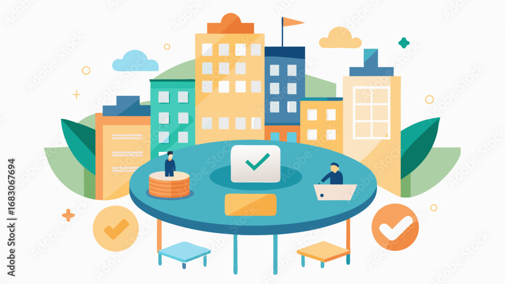 Poster a cityscape with a table in the middle with a check mark on it. there are three people sitting aroun